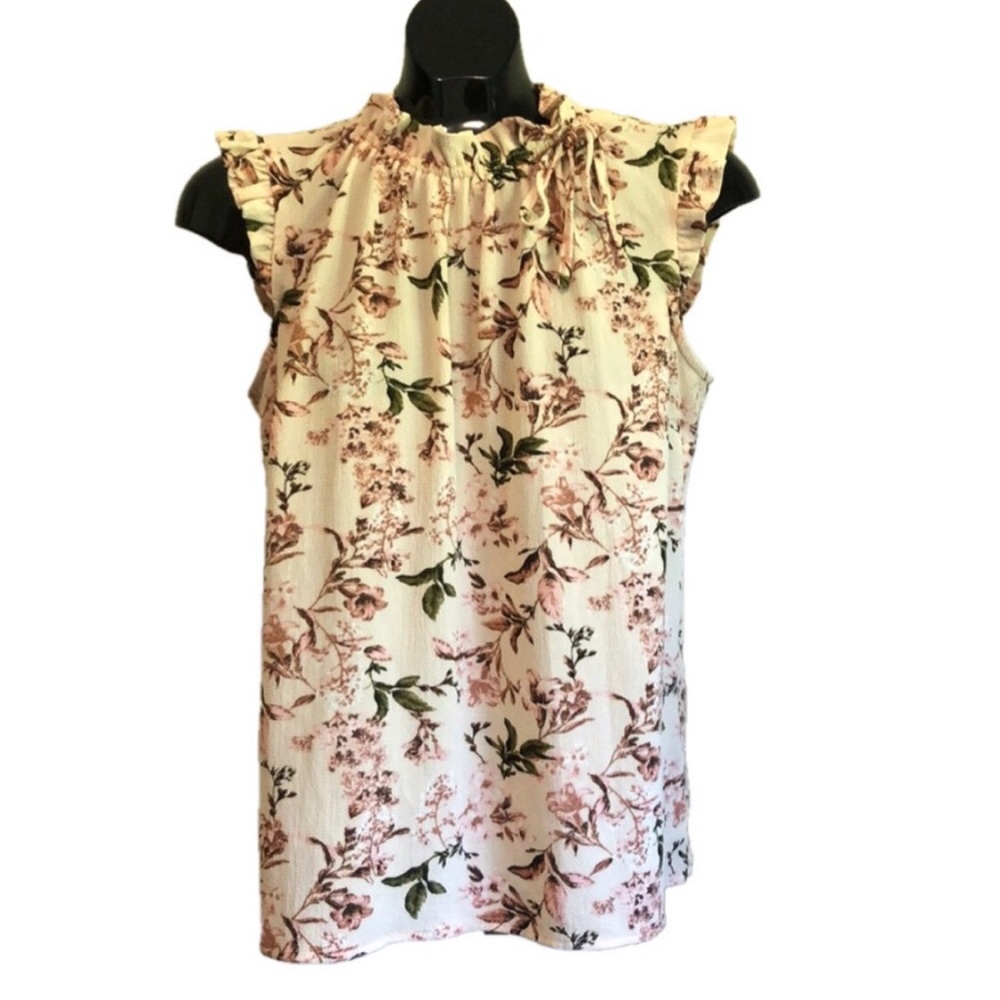 Pink Floral Ruffle Sleeveless Top, Size Large